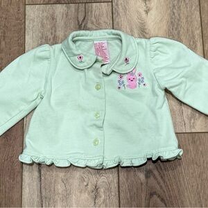 Vintage Mint Green Baby Ruffled Cardigan with Bunny Embroidery